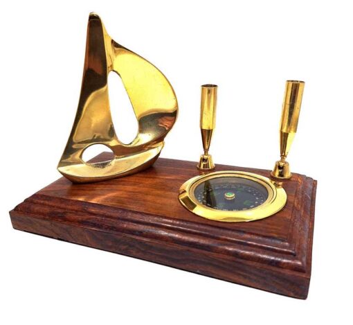 Desk SET on wooden base, gold pen stand, yacht and compass, nautical gift, beautiful