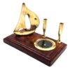 DESK SET on wooden base, gold pen stand, yacht and compass, nautical gift, unique