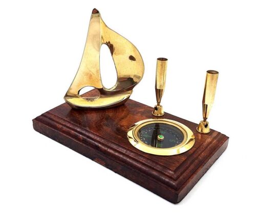 DESK SET on wooden base, gold pen stand, yacht and compass, nautical gift, unique